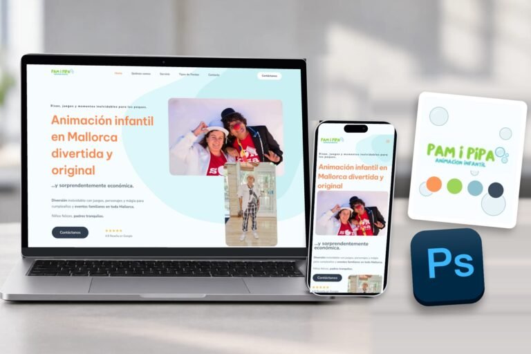 Webseite von Pam i Pipa auf Laptop und Smartphone, daneben Branding-Karte mit Logo und Farben sowie ein Photoshop-Symbol