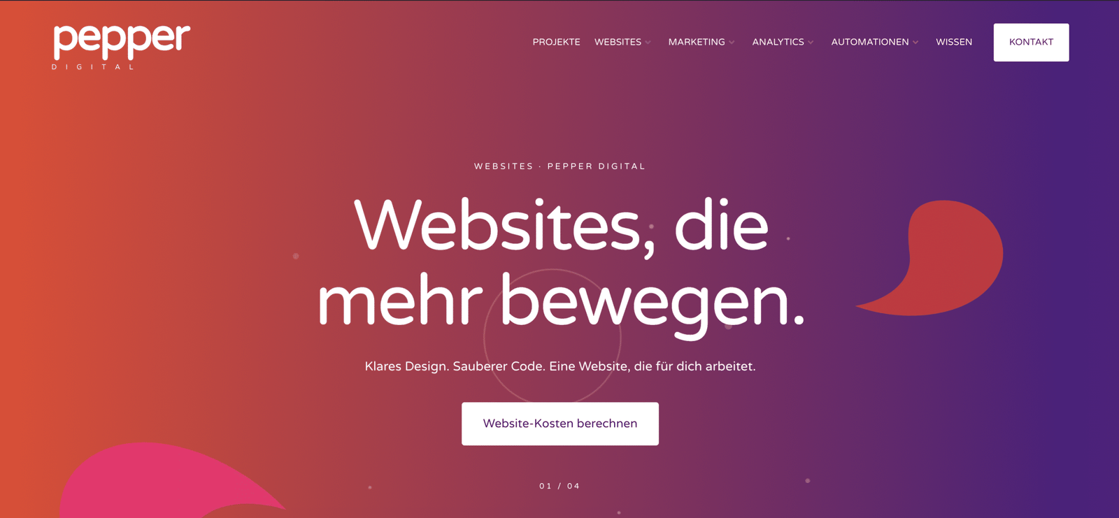 Pepper Digital Startseite mit animiertem Farbverlauf, Navigation und Website-Headline