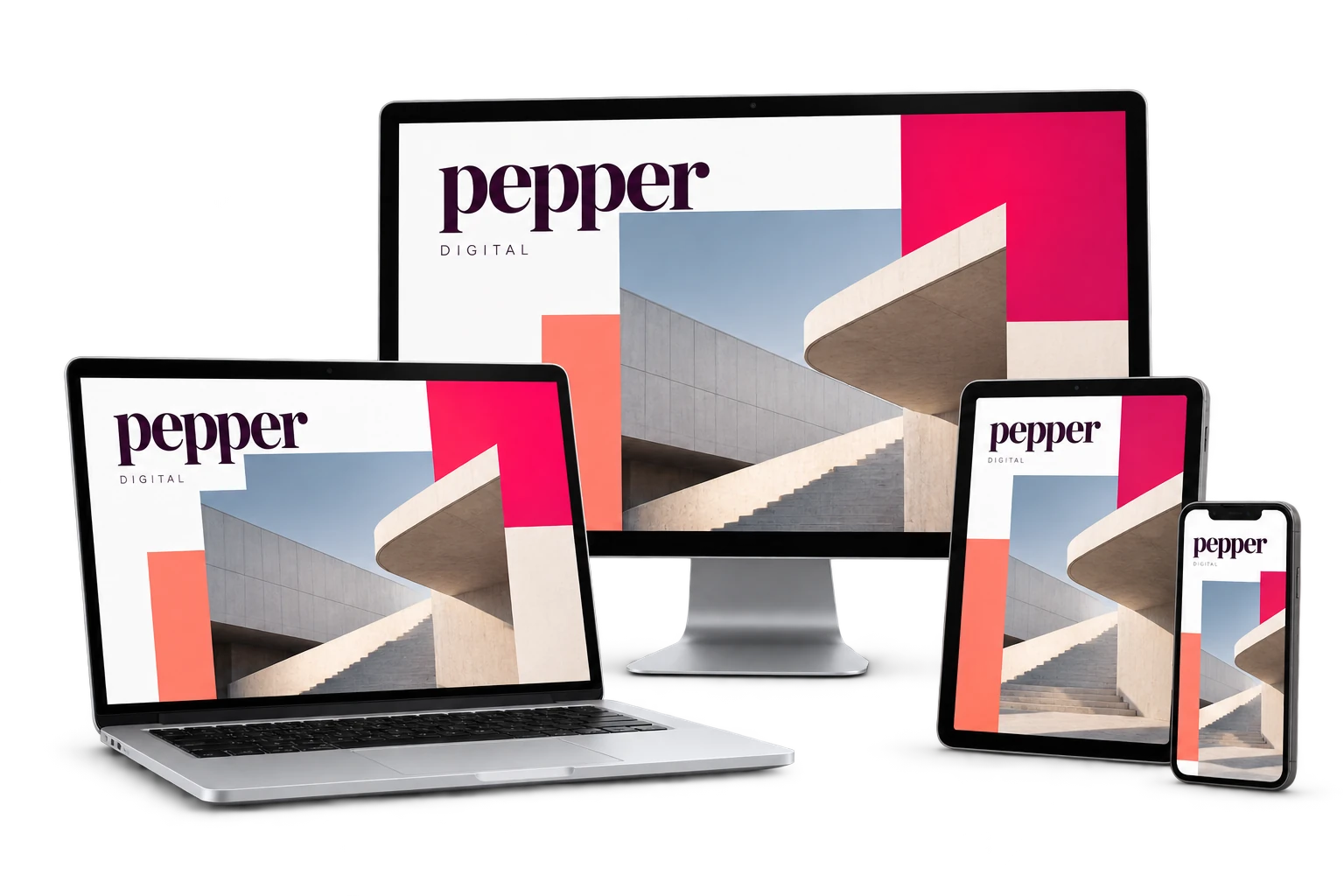 Eine beispielhafte Pepper-Digital-Website auf Desktop-Monitor, Laptop, Tablet und Smartphone.